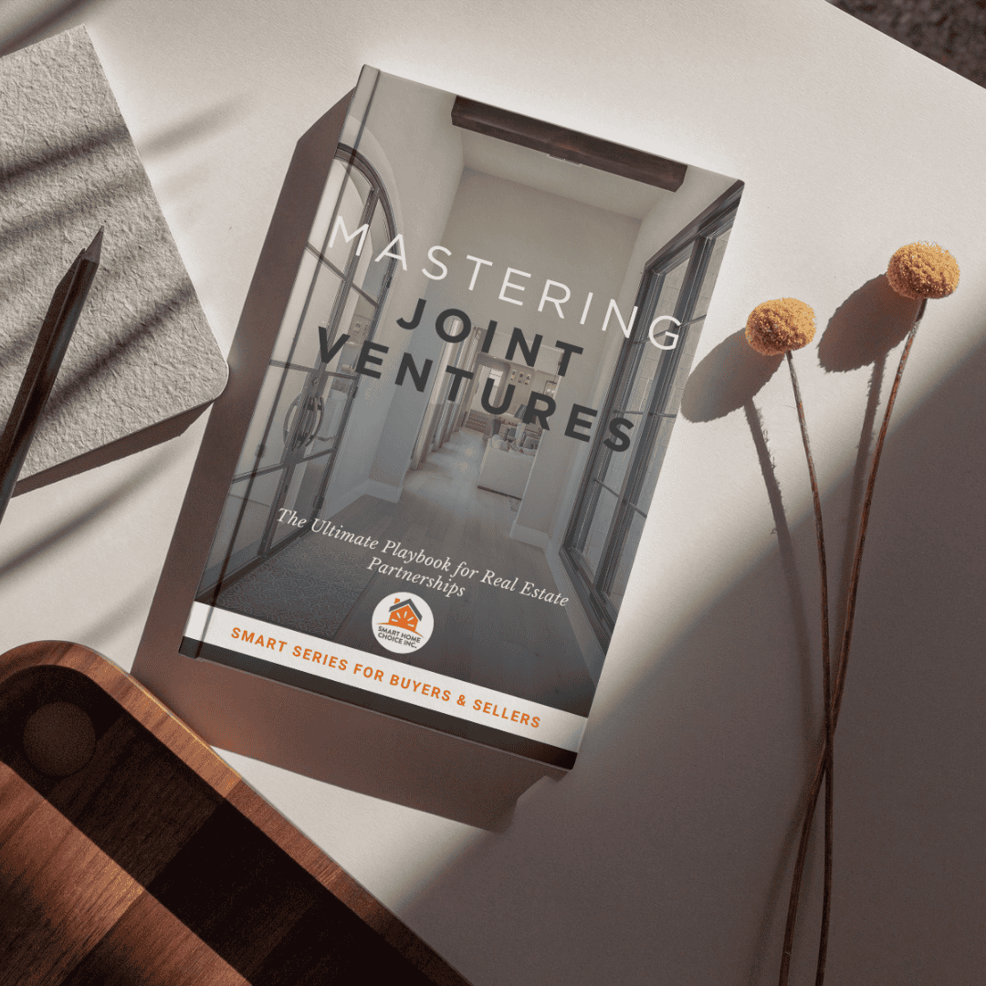 An e-book cover on real estate investing, titled "Mastering Joint Ventures," promoting smart partnerships in property investments.